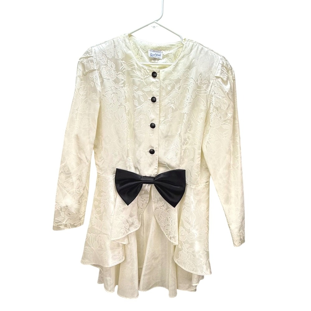 Vintage 80s/90s Good Times Peplum Blouse 16 Ivory Floral Damask Bow Top Made USA